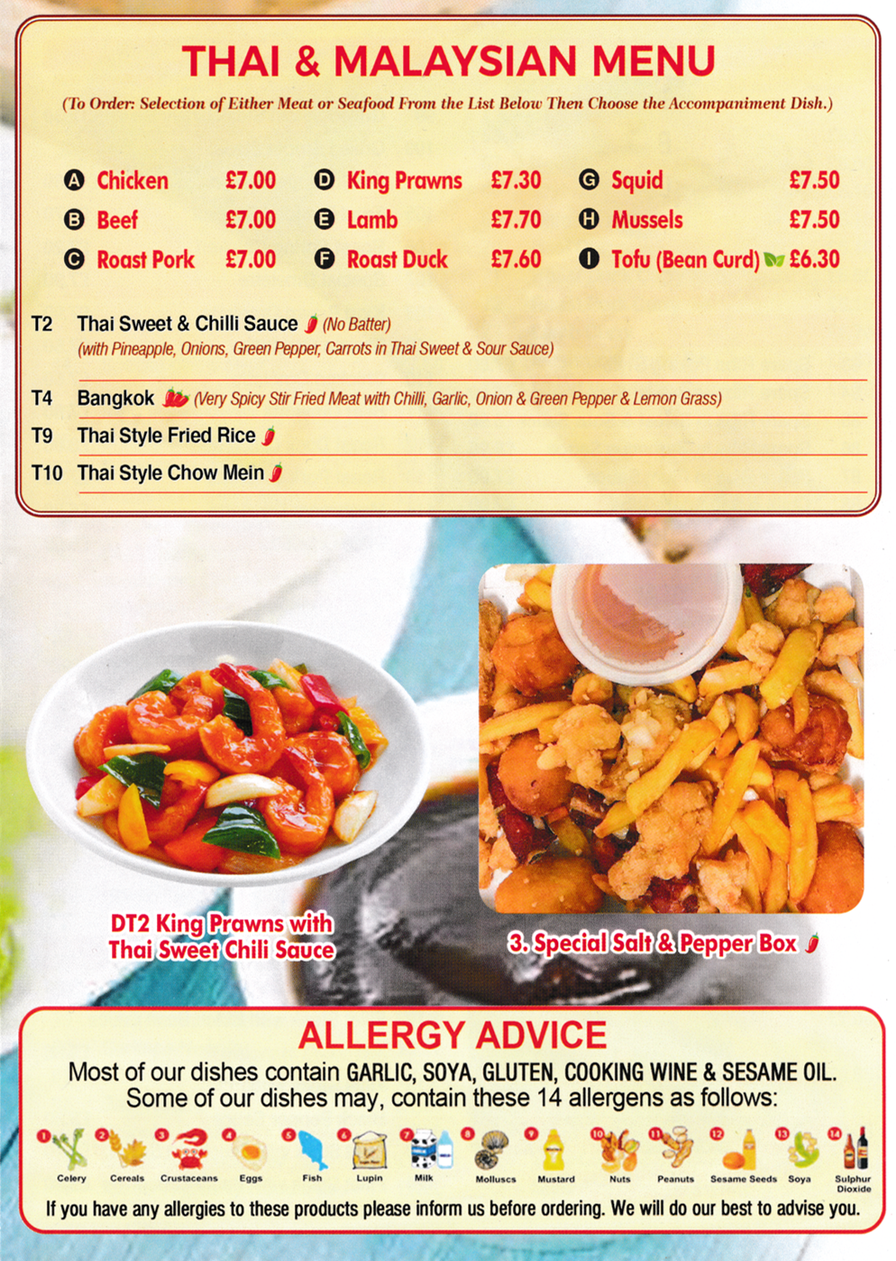 Menu for Good Luck Chinese takeaway in Draycott - dishes include; Thai & Malaysian dishes
