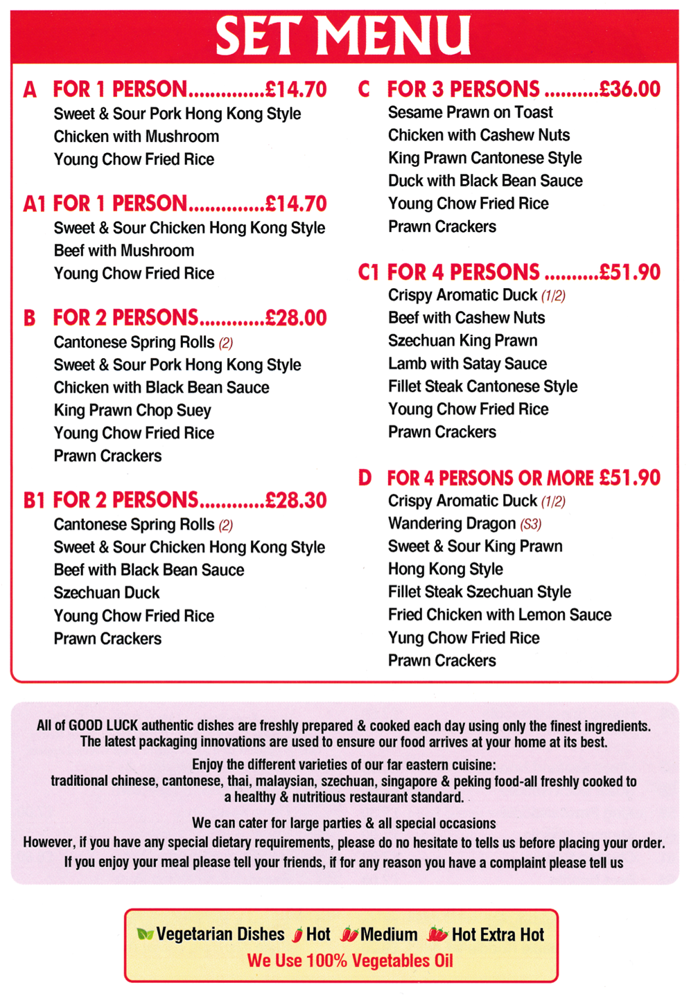 Menu for Good Luck Chinese takeaway in Draycott - Set Meals