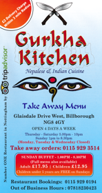 Takeaway menu for Gurkha Kitchen Nepalese restaurant in Nottingham