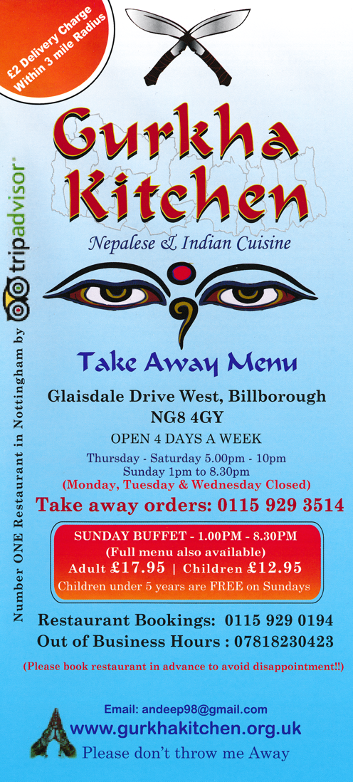Takeaway menu for Gurkha Kitchen Nepalese and Indian restaurant in Bilborough, Nottingham NG8 4GY