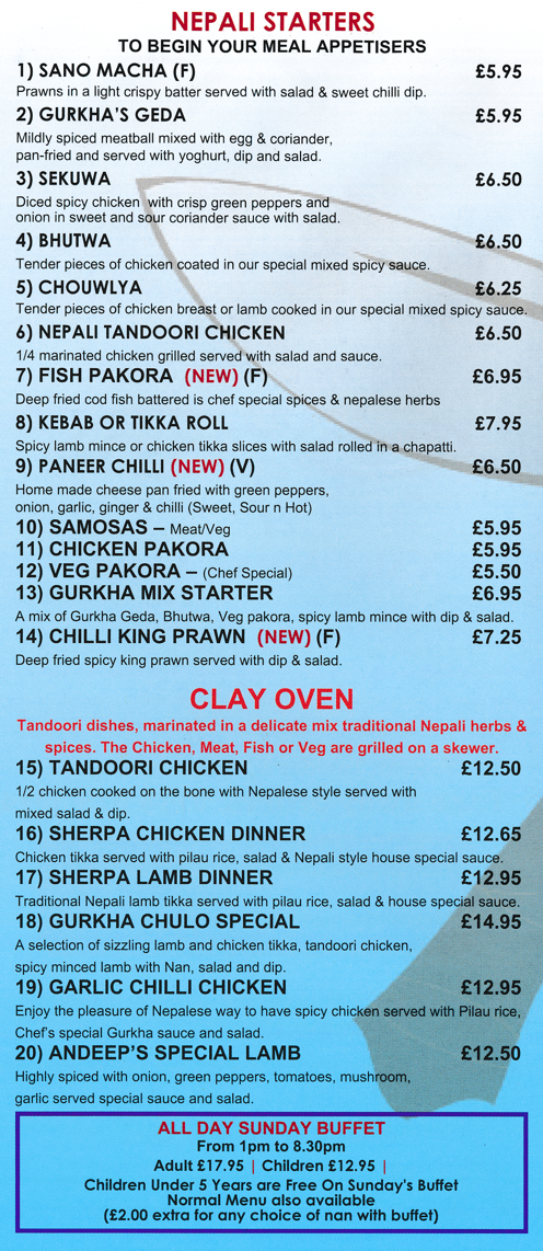 Takeaway menu for Gurkha Kitchen in Nottingham. Dishes include; Sekuwa, Gurkha's Geda, Chilli King Prawn, Andeep's Special Lamb, Sherpa Chicken Dinner, Tandoori Chicken, Fish Pakora..