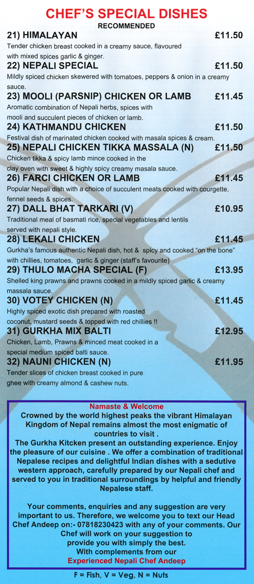 Takeaway menu for Gurkha Kitchen in Nottingham. Dishes include; Lekali Chicken, Mooli (Parsnip) Chicken, Himalayan, Nepali Special, Gurkha Mix Balti, Votey Chicken, Thulo Macha Special, Kathmandu Chicken, Nepali Chicken Tikka Massala..