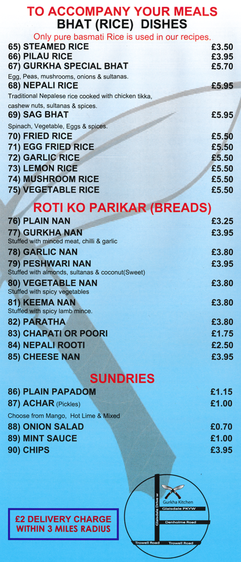 Takeaway menu for Gurkha Kitchen Nepalese and Indian restaurant on Glaisdale Drive West in Bilborough, Nottingham NG8 4GY