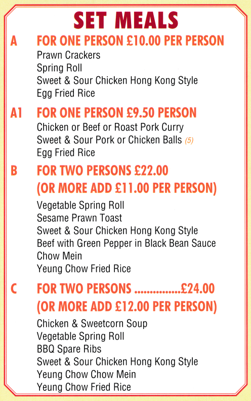 Menu for Happy Hill - Set Meals