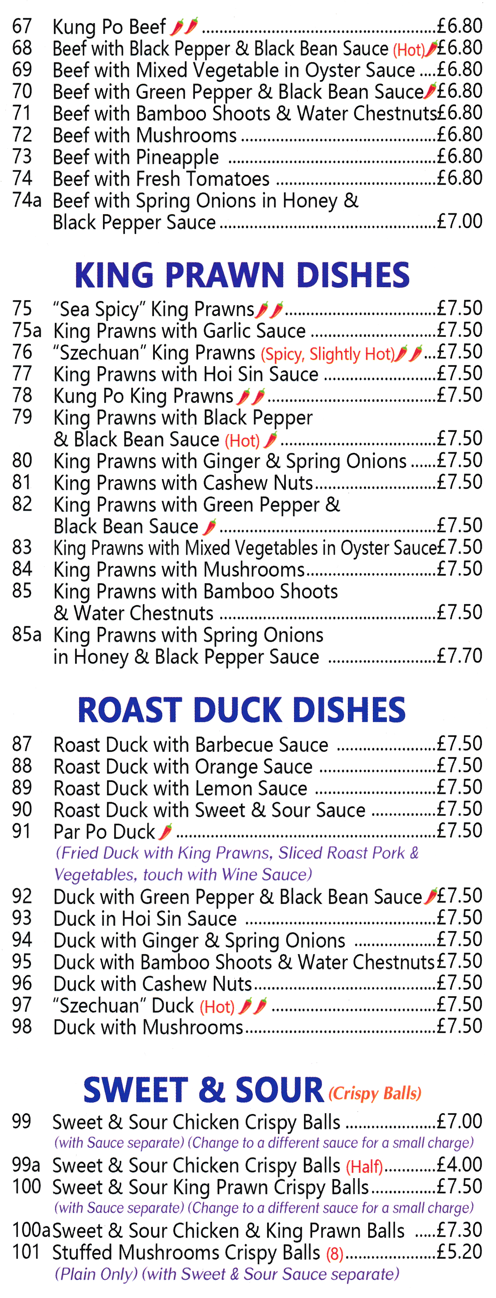 Menu for Happy House in Long Eaton - dishes include; Kung Po Beef, Roast Duck with Orange Sauce, Sweet & Sour Chicken Crispy Balls, Kung Po King Prawns..