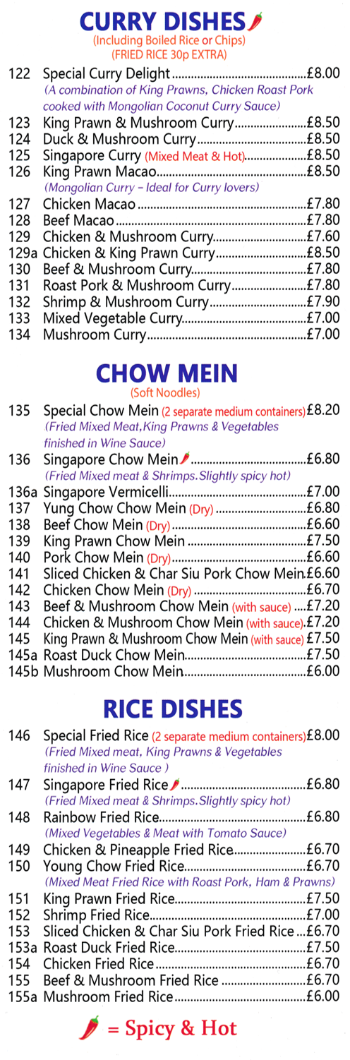 Menu for Happy House in Long Eaton - dishes include; Beef Macao, King Prawn Chow Mein, Singapore Vermicelli, Young Chow Fried Rice, Special Curry Delight..