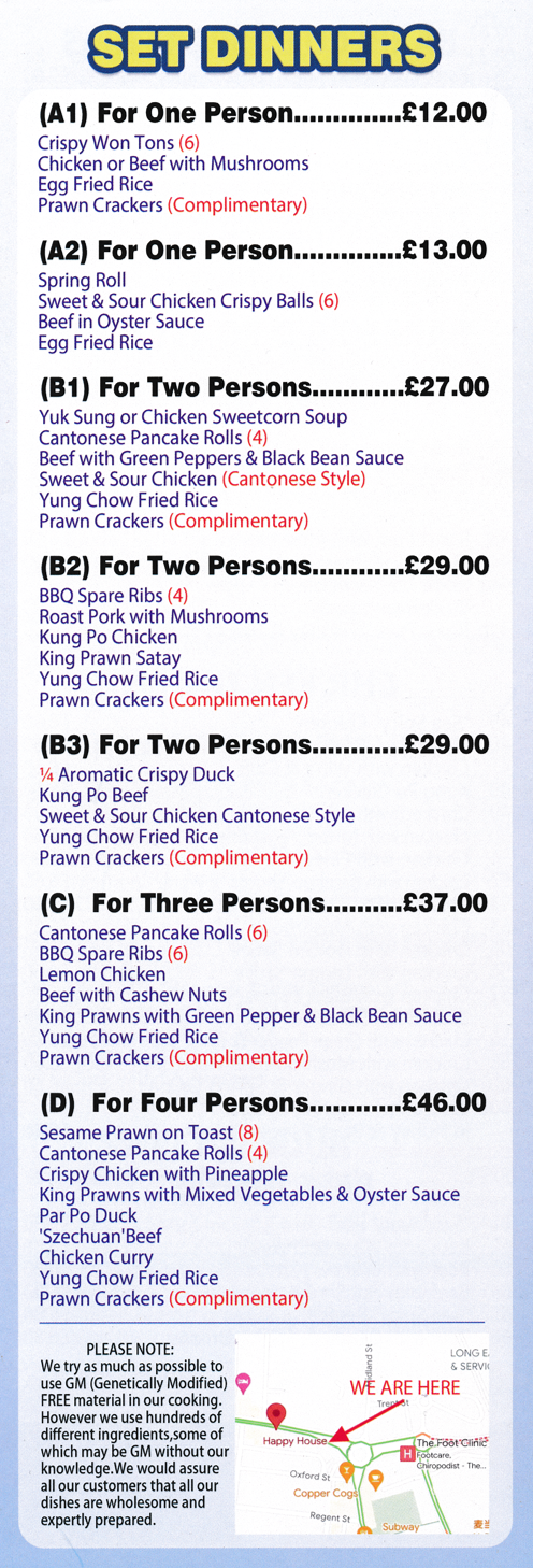 Menu for Happy House Chinese takeaway in Long Eaton - Set Dinners