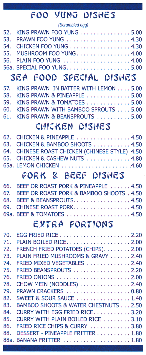 Menu for Happy House - Chinese Roast Pork, Special Foo Yung, King Prawn in Batter with Lemon, Beef with Pineapple, Lemon Chicken..