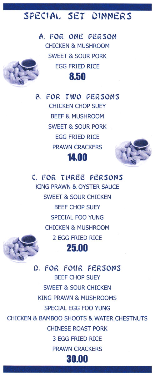Takeaway menu for Happy House on Alfreton Road in Nottingham NG7 5NE - Special Set Dinners