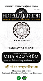 Takeaway menu for Himalayan Inn restaurant in Arnold near Nottingham