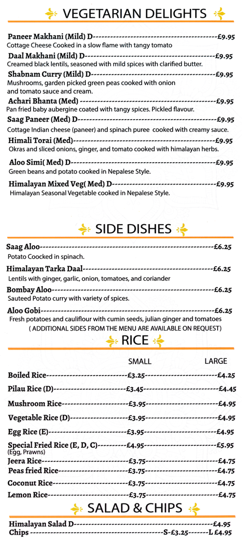 Takeaway menu for Himalayan Inn - dishes include; Paneer Makhani, Achari Bhanta, Saag Paneer, Himali Torai, Aloo Simi, Bombay Aloo, Shabnam Curry..