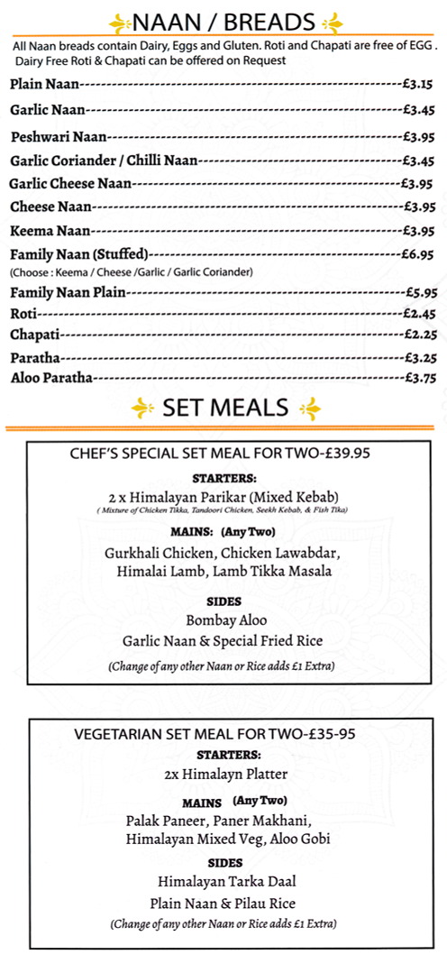 Takeaway menu for Himalayan Inn Nepalese and Indian restaurant on Front Street in Arnold near Nottingham