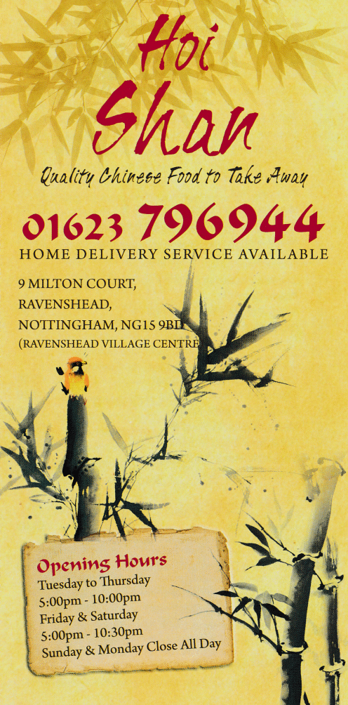 Menu for Hoi Shan Chinese takeaway in Ravenshead NG15 9BD