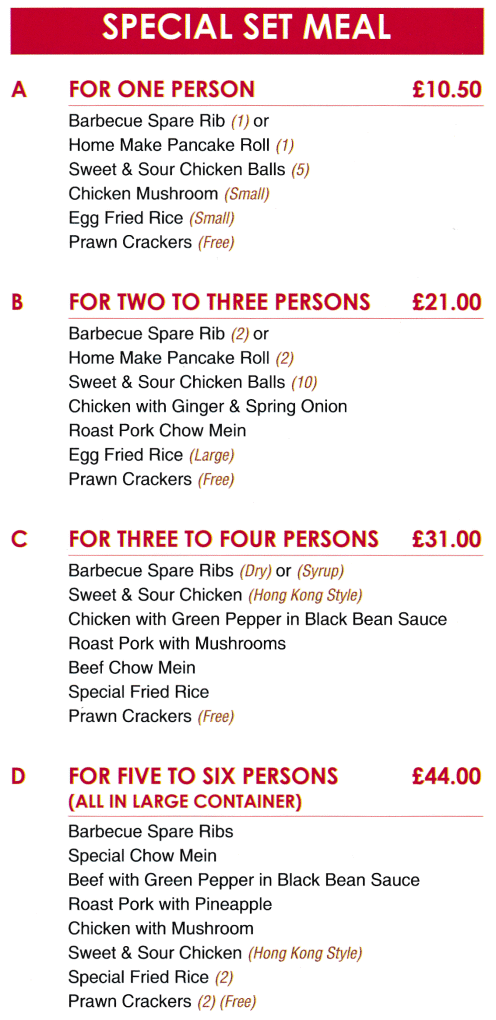 Menu for Hoi Shan Chinese takeaway in Ravenshead NG15 9BD