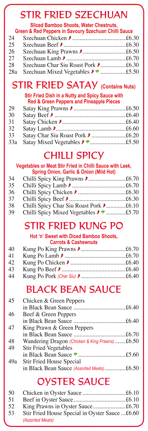 Menu for Hoo Tak - Satay Beef, Kung Po Pork, Chicken in Oyster Sauce, Szechuan King Prawns, Duck with Cashew Nuts, Chilli Spicy Lamb..