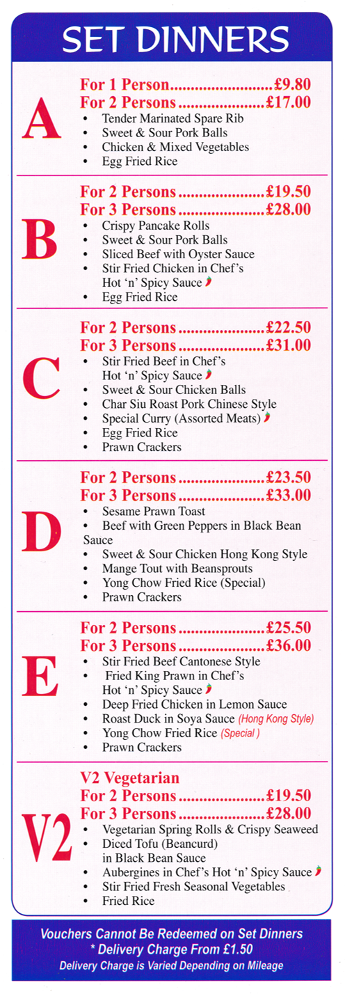Menu for Hoo Tak Chinese takeaway on Woodborough Road in Mapperley - Set Dinners