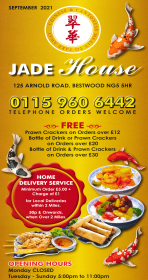 Menu for Jade House Chinese and Cantonese food takeaway on Arnold Road in Nottingham