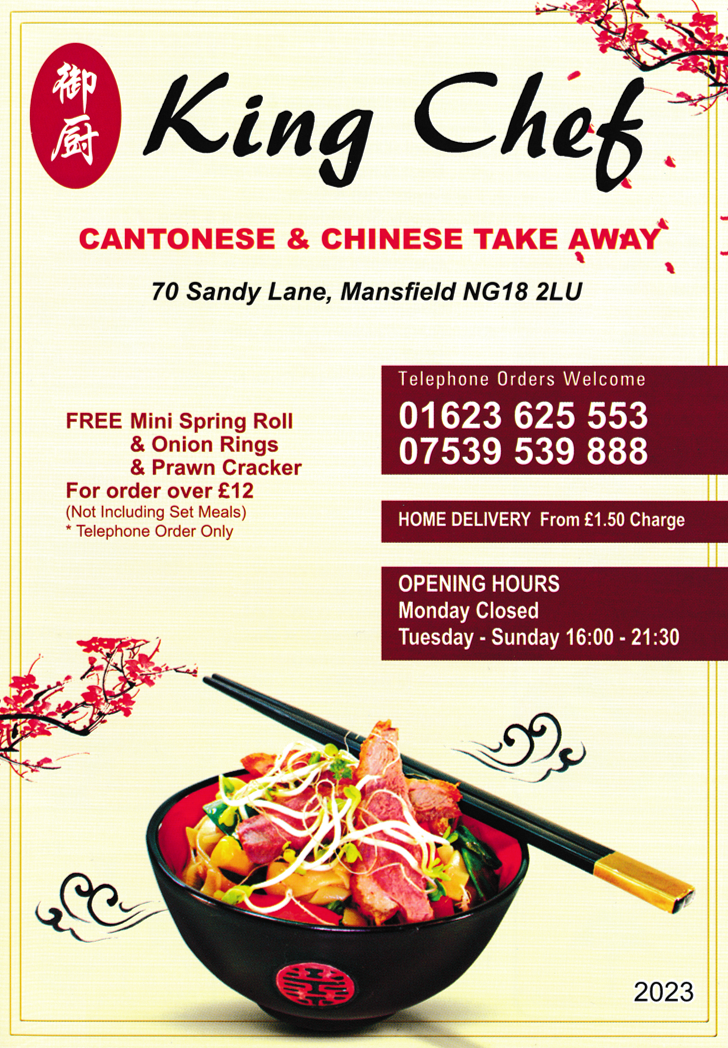 Menu for King Chef Chinese and Cantonese food takeaway on Sandy Lane in Mansfield NG18 2LU