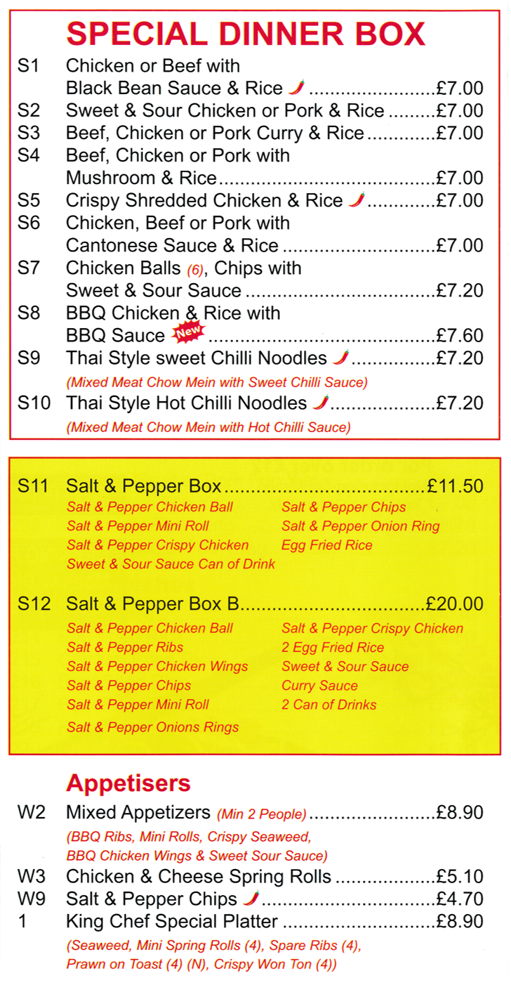 Menu for King Chef Chinese takeaway in Mansfield - dishes include; Special Dinner Boxes, King Chef Special Platter, Thai Style Sweet Chilli Noodles..