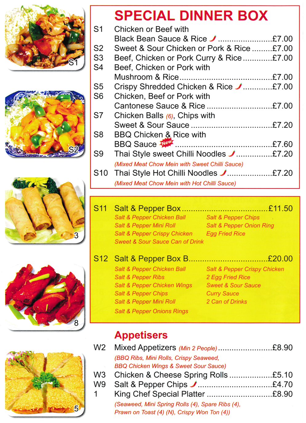 Menu for King Chef Chinese takeaway in Mansfield - dishes include; Special Dinner Boxes, King Chef Special Platter, Thai Style Sweet Chilli Noodles..