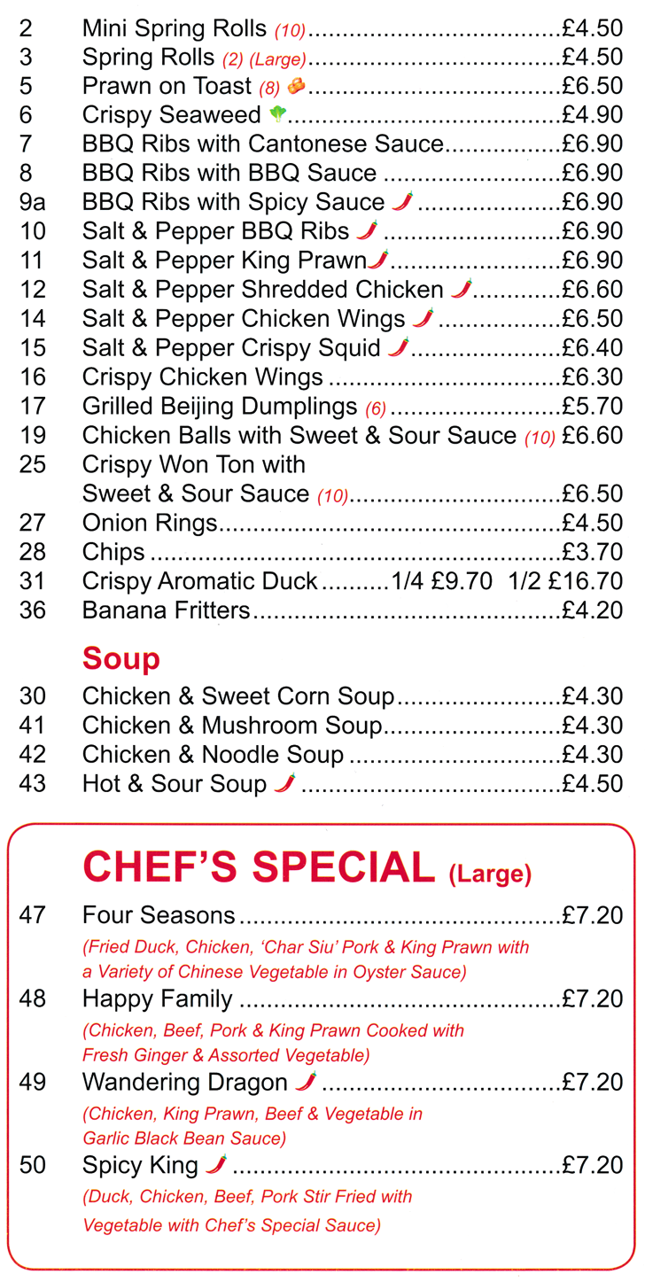 Menu for King Chef Chinese takeaway in Mansfield - dishes include; Mini Spring Rolls, Crispy Chicken Wings, Crispy Aromatic Duck, Grilled Beijing Dumplings, Prawn on Toast, Salt & Pepper Crispy Squid..