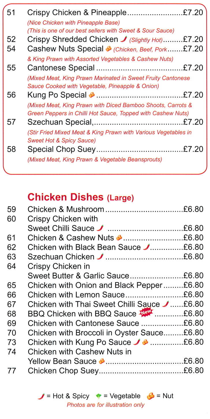 Menu for King Chef Chinese takeaway in Mansfield - dishes include; Crispy Shredded Chicken, Special Chop Suey, Chicken with Lemon, Kung Po Special, Chicken Chop Suey..