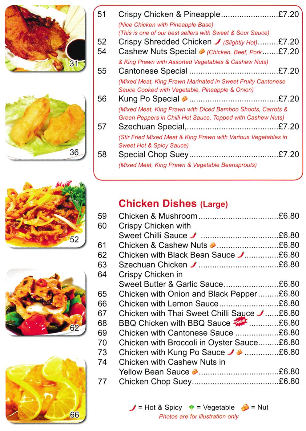 Menu for King Chef Chinese takeaway in Mansfield - dishes include; Crispy Shredded Chicken, Special Chop Suey, Chicken with Lemon, Kung Po Special, Chicken Chop Suey..