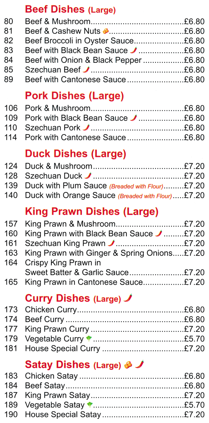 Menu for King Chef Chinese takeaway in Mansfield - dishes include; Szechuan Beef, Duck with Orange Sauce, Pork with Cantonese Sauce, Chicken Satay, King Prawn Curry..