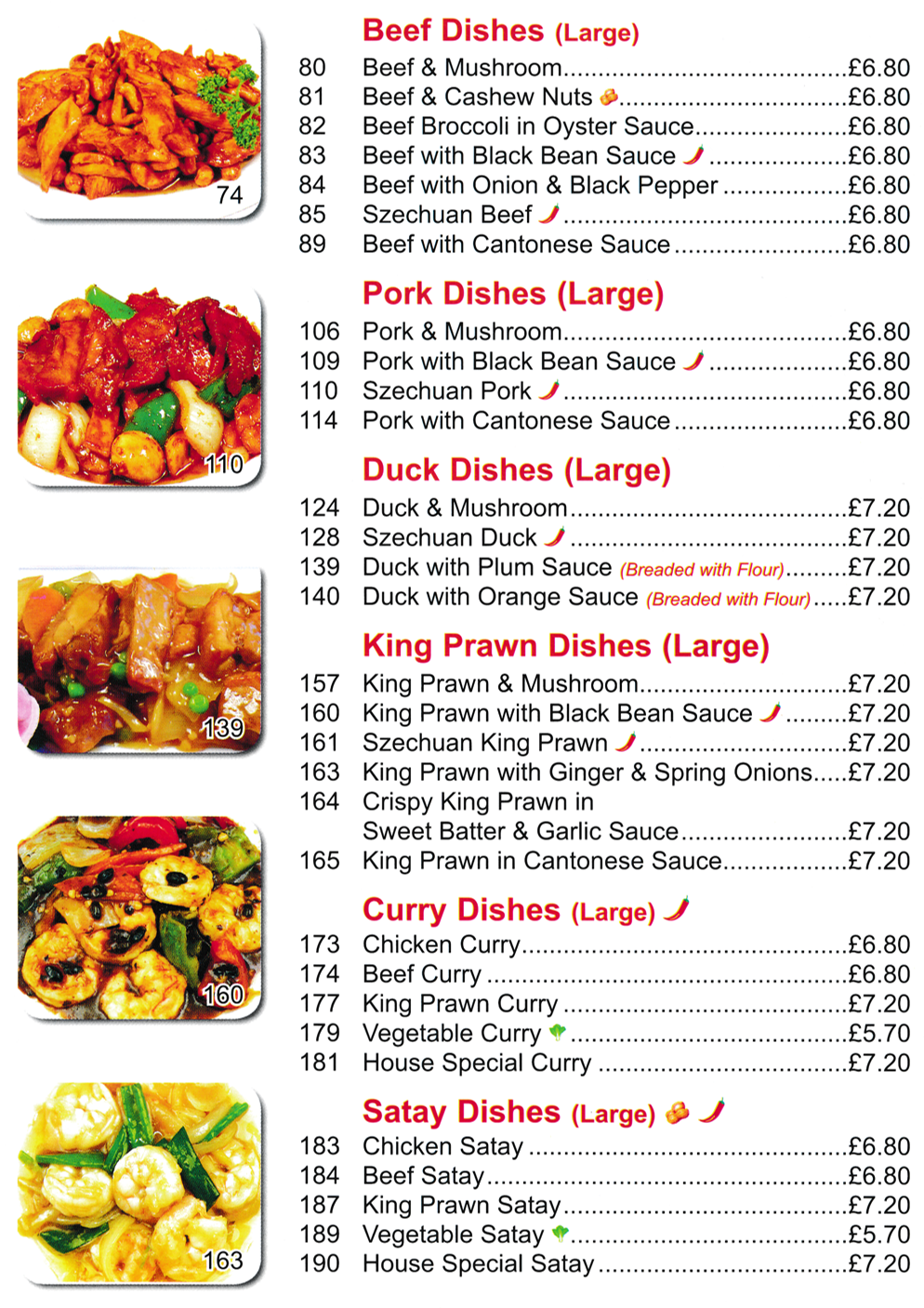 Menu for King Chef Chinese takeaway in Mansfield - dishes include; Szechuan Beef, Duck with Orange Sauce, Pork with Cantonese Sauce, Chicken Satay, King Prawn Curry..
