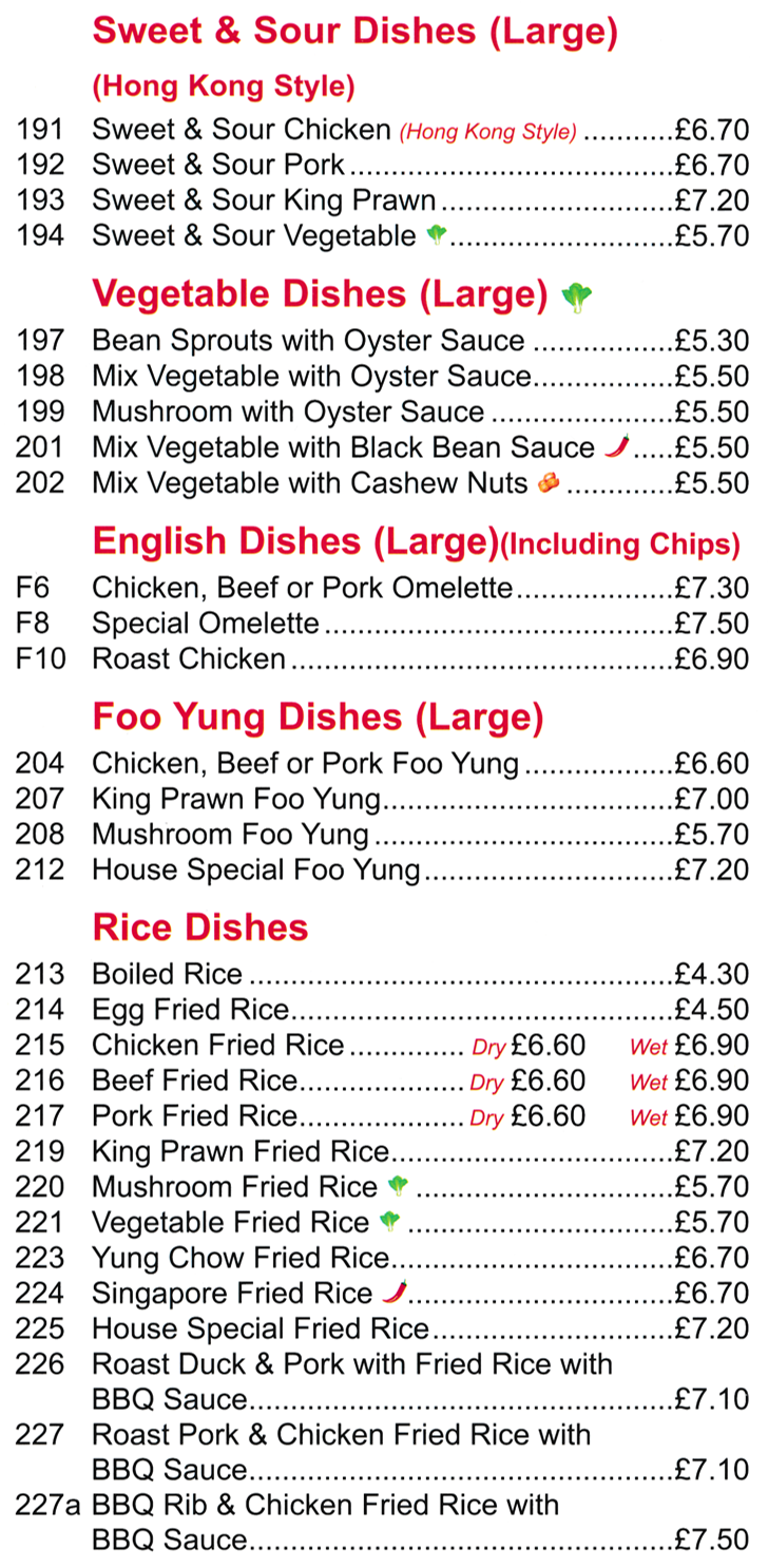 Menu for King Chef Chinese takeaway in Mansfield - dishes include; Sweet & Sour Chicken Hong Kong Style, Mushroom Egg Foo Yung, Special Omelette, Mixed Vegetables with Cashew Nuts, Singapore Fried Rice..