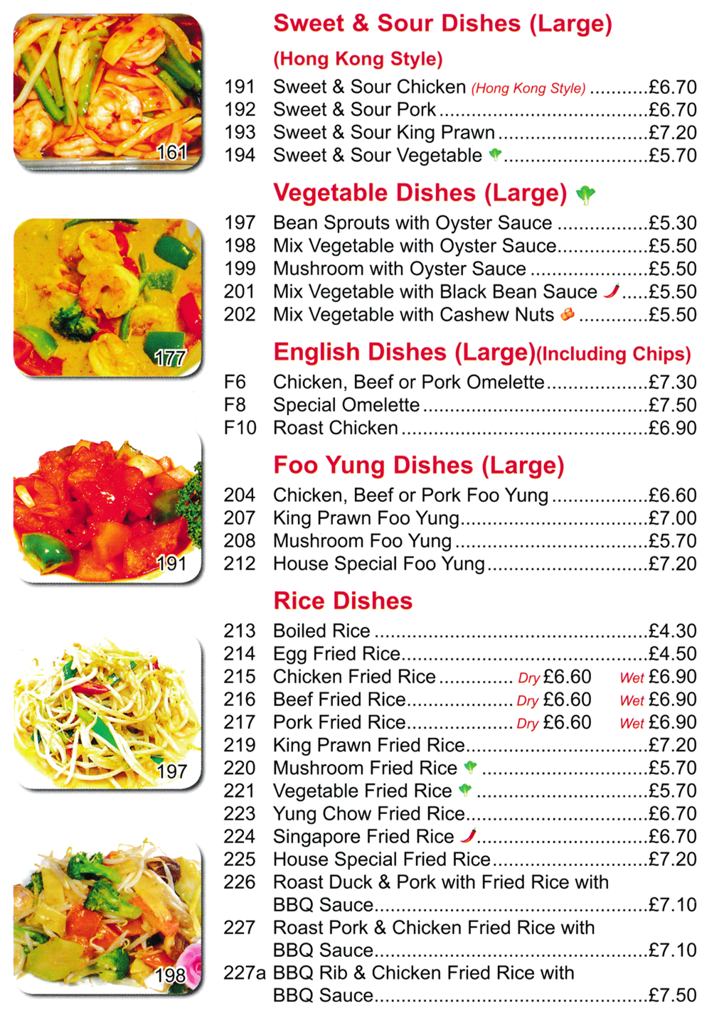 Menu for King Chef Chinese takeaway in Mansfield - dishes include; Sweet & Sour Chicken Hong Kong Style, Mushroom Egg Foo Yung, Special Omelette, Mixed Vegetables with Cashew Nuts, Singapore Fried Rice..