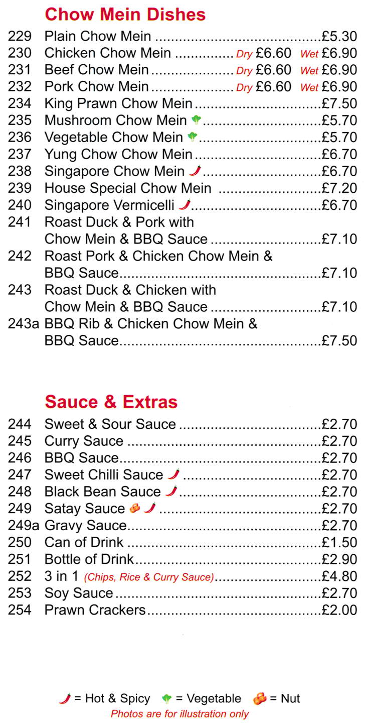 Menu for King Chef Chinese takeaway in Mansfield - dishes include; Singapore Vermicelli, Yung Chow Chow Mein, Chicken Chow Mein..
