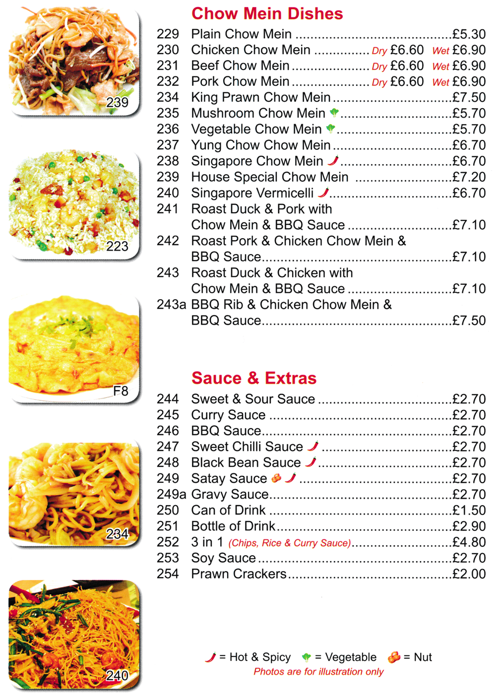 Menu for King Chef Chinese takeaway in Mansfield - dishes include; Singapore Vermicelli, Yung Chow Chow Mein, Chicken Chow Mein..