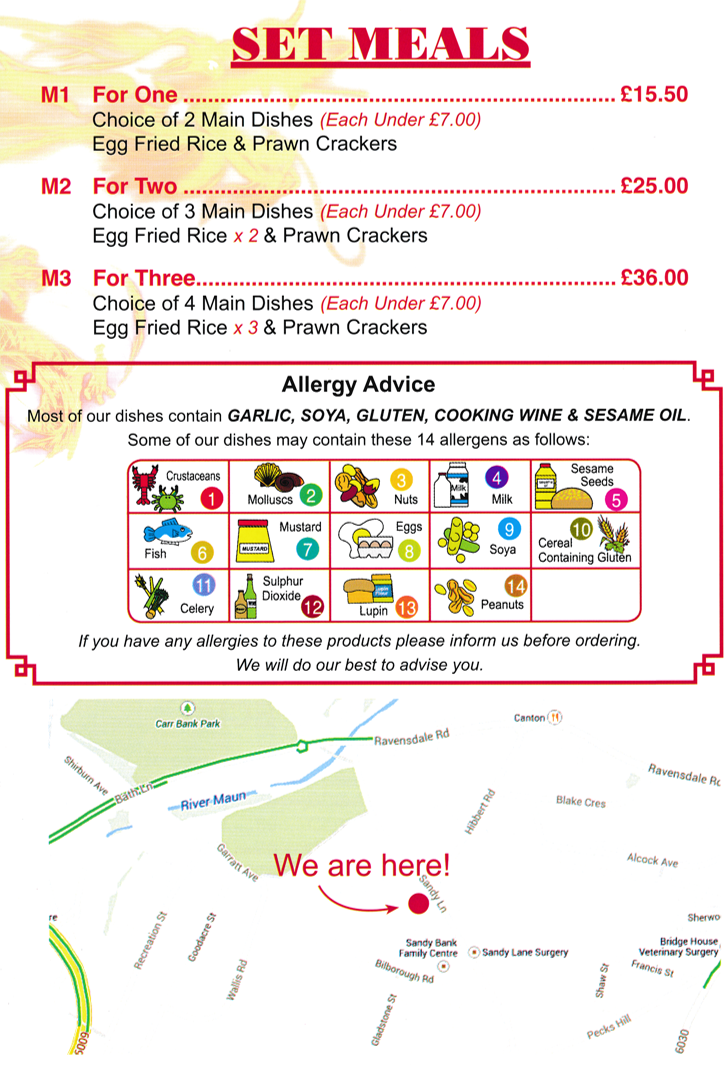 Menu for King Chef Chinese and Cantonese food takeaway on Sandy Lane in Mansfield NG18 2LU - Set Meals