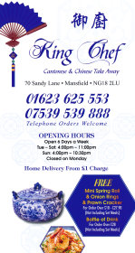 Takeaway menu for King Chef on Sandy Lane in Mansfield, Nottinghamshire NG18 2LU