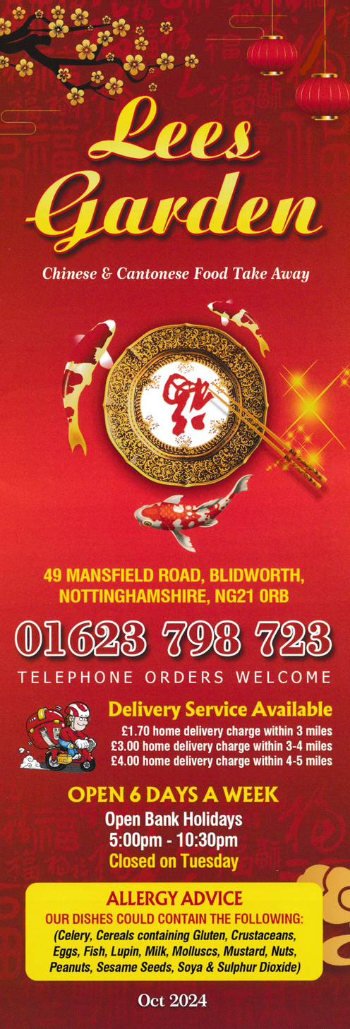 Menu for Lees Garden Chinese takeaway in Blidworth near Mansfield