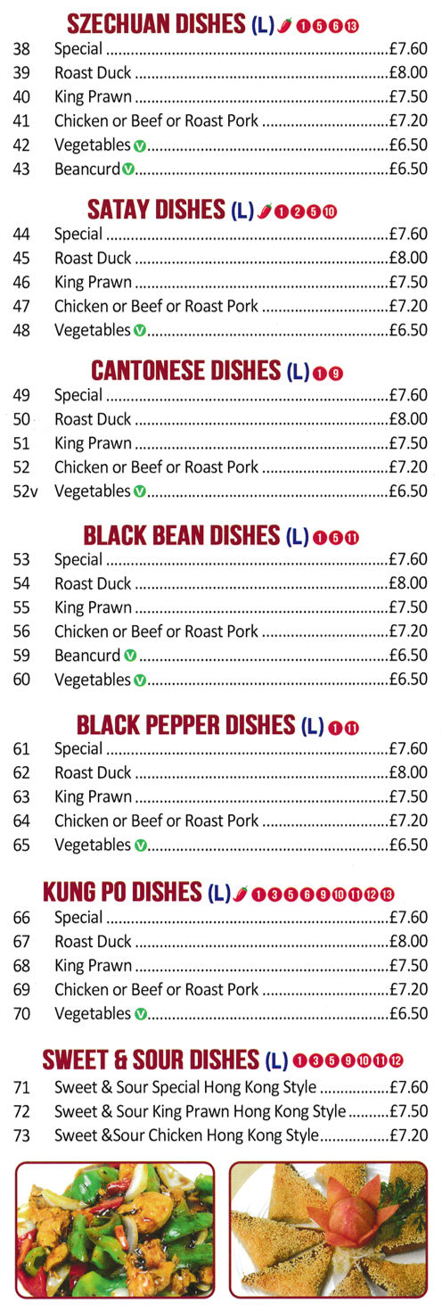 Menu for Lees Garden - King Prawn Satay, Roast Duck Cantonese Style, Beef Szechuan, Roast Pork Kung Po, Sweet & Sour Chicken Hong Kong Style.,.,