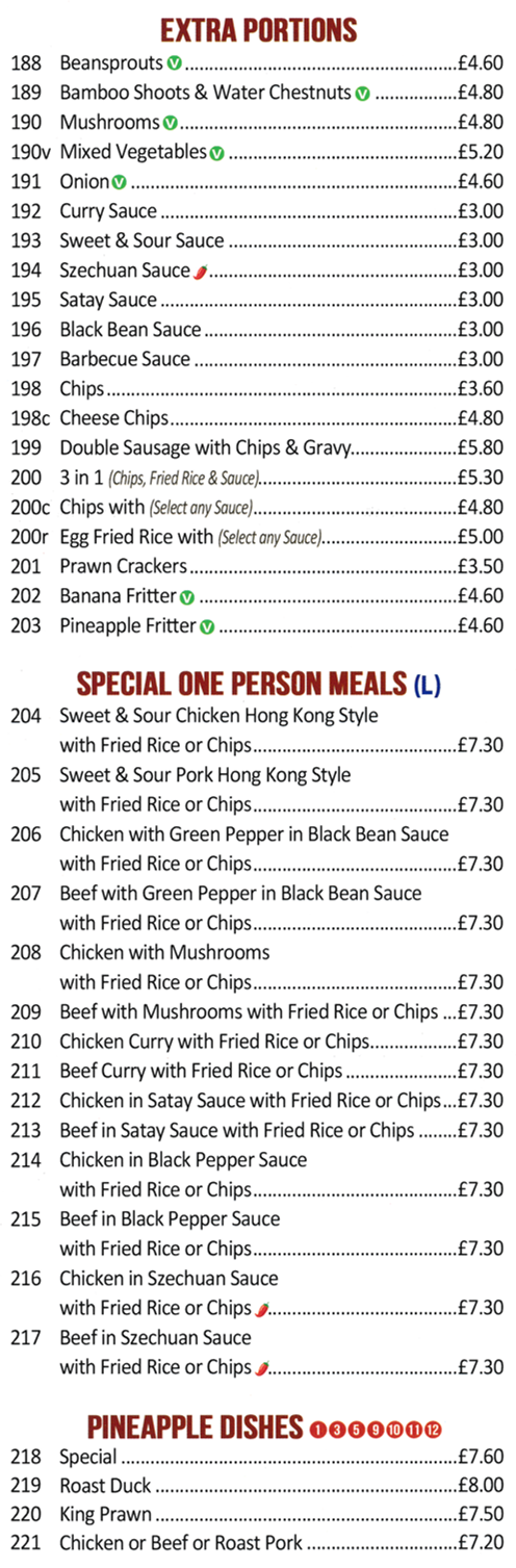 Menu for Lees Garden - Special One Person Meals, Roast Duck with Pineapple Dishes, Banana Fritters, Prawn Crackers..