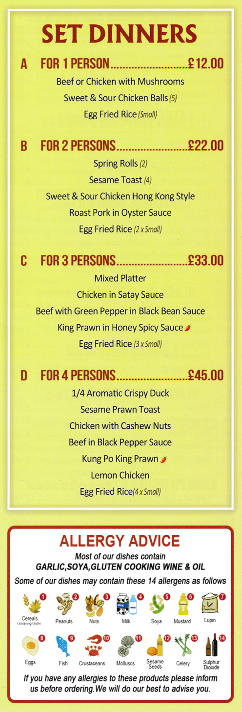 Menu for Lees Garden Chinese and Cantonese cuisine takeaway in Blidworth near Mansfield
