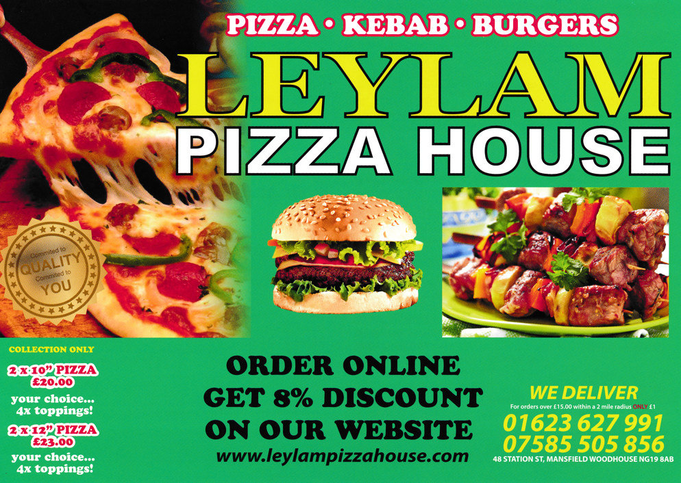 Menu for Leylam Pizza House - Pizza, Kebab and Fast Food takeaway on Station Street, Mansfield Woodhouse, Nottinghamshire NG19 8AB