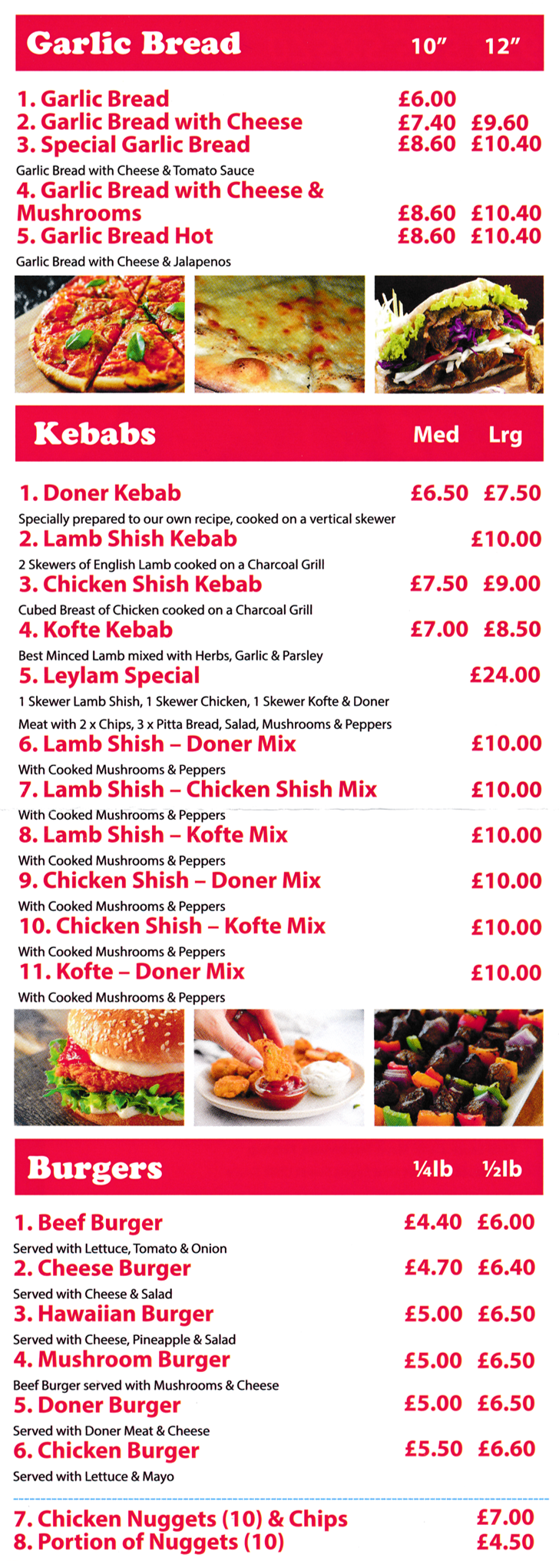 Menu for Leylam Pizza House - Garlic Bread with Cheese, Beef Burger, Kofte Kebab, Shish Kebab, Doner Kebab, Cheese Burger, Chicken Burger, Mushroom Burger..