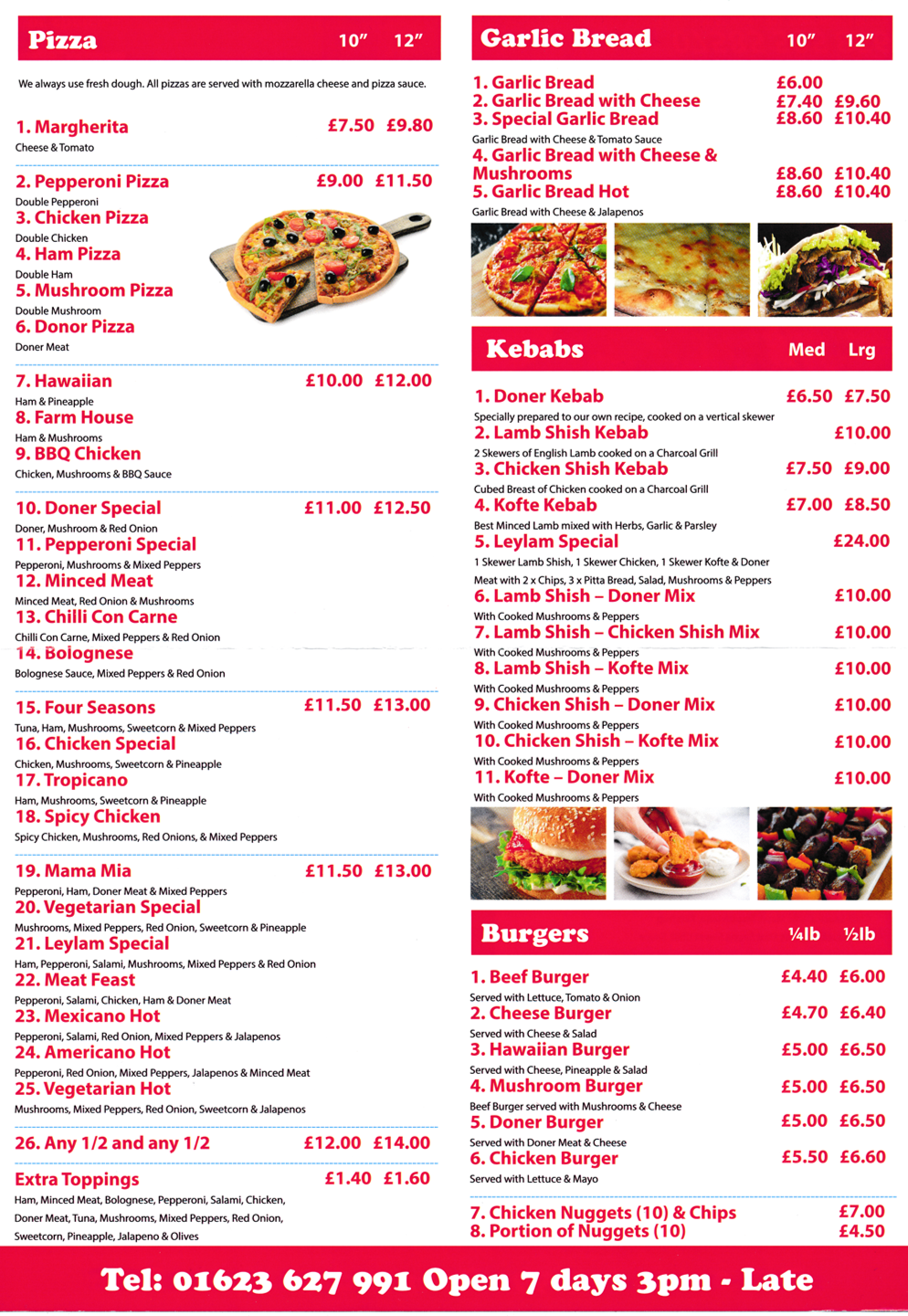 Menu for Leylam Pizza House in Mansfield Woodhouse - Pizzas, Garlic Bread, Kebabs, Burgers..