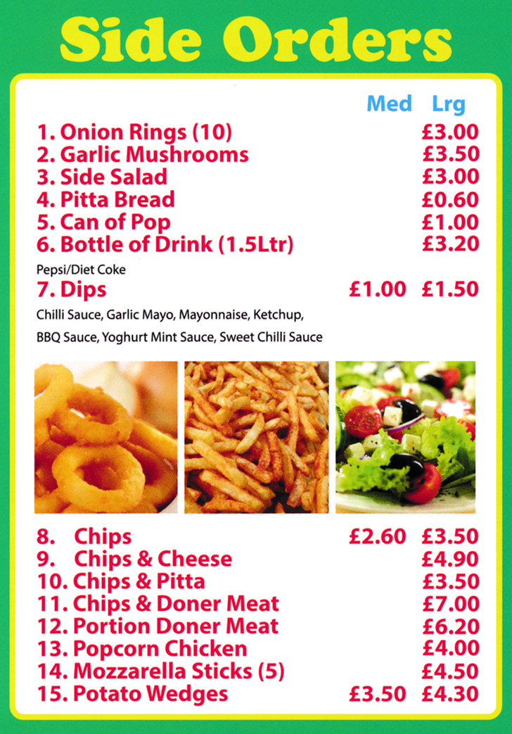Menu for Leylam Pizza House - Garlic Mushrroms, Chips, Potato Wedges, Mozzarella Sticks, Popcorn Chicken, Chips & Cheese..