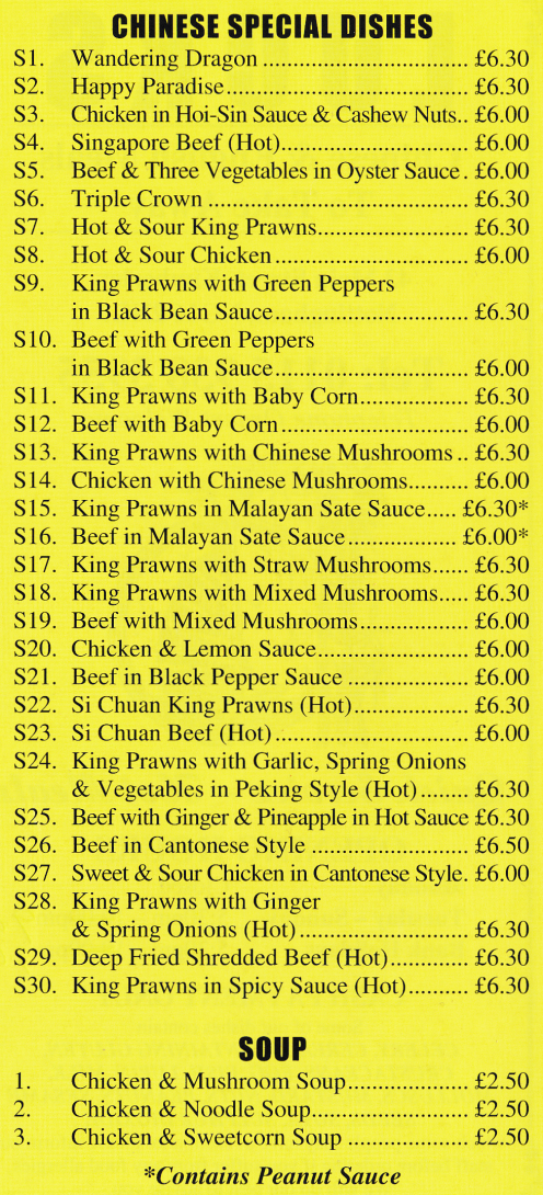 Menu for Lucks Chinese takeaway (Wandering Dragon, Happy Paradise, Chop Suey, Chow Mein, Sweet & Sour, Aromatic Duck, Oyster Sauce dishes..)