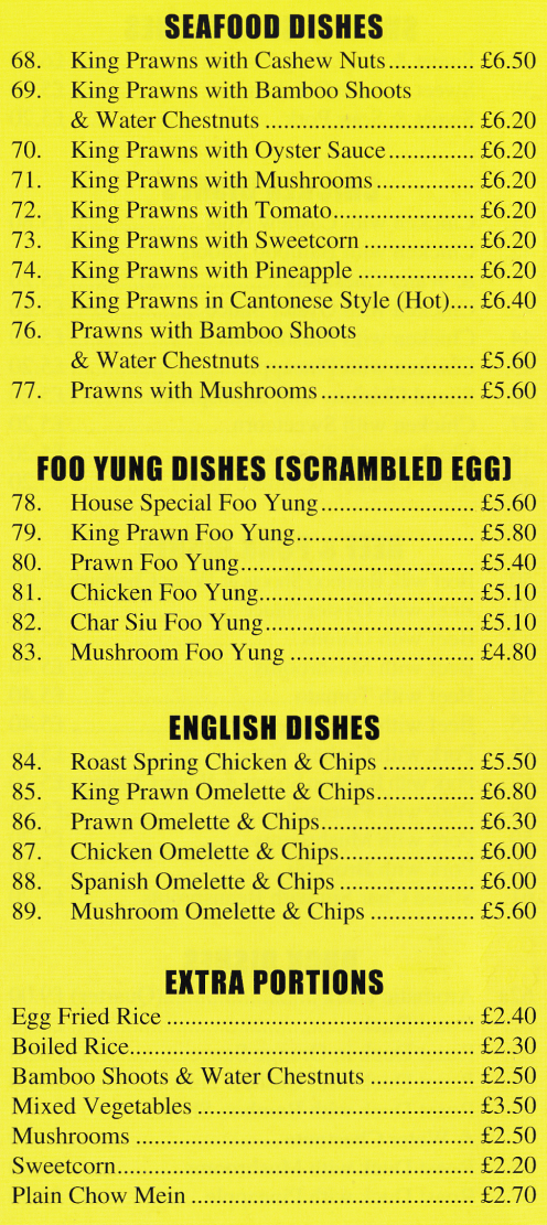 Menu for Lucks - King Prawn dishes, Egg Foo Yung, English dishes..
