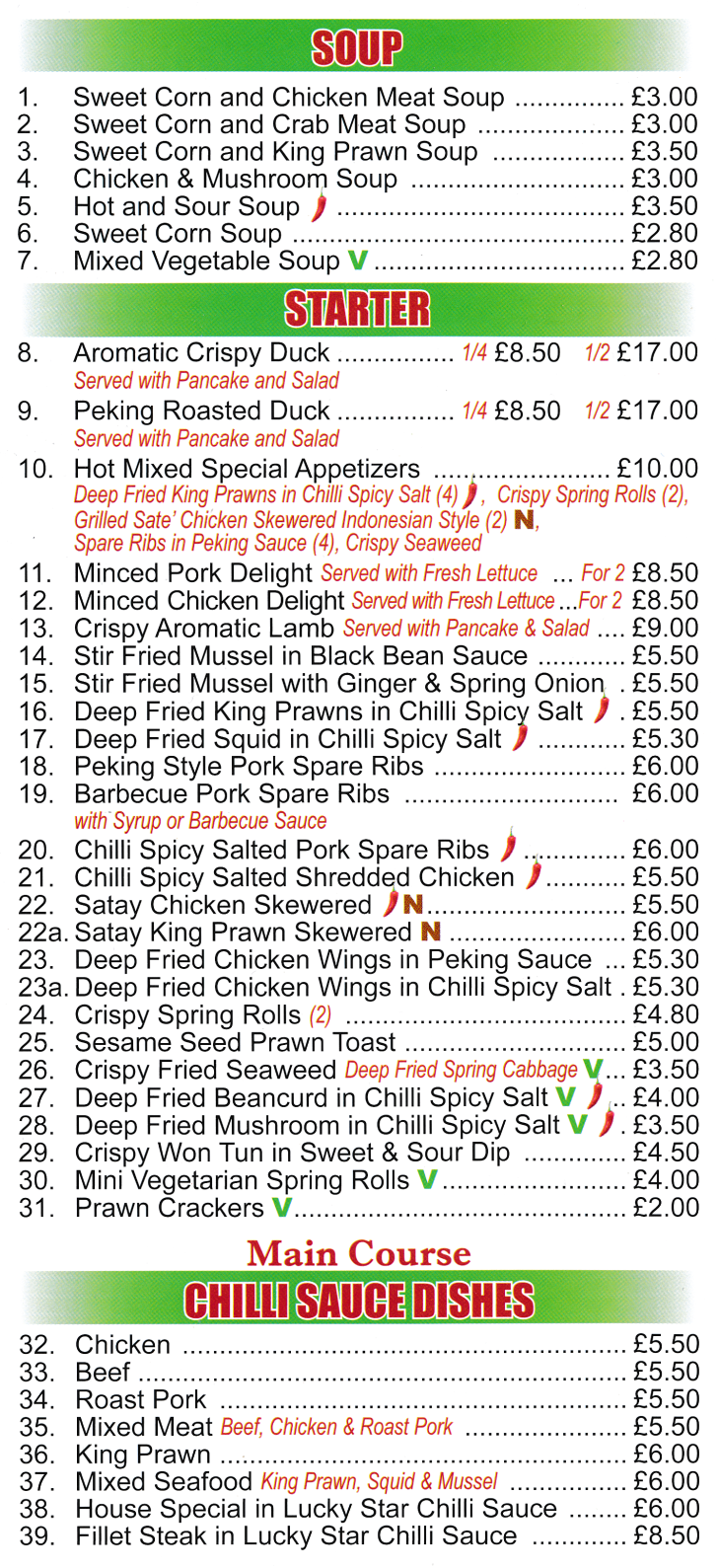 Menu for Lucky Star - Aromatic Crispy Duck, Prawn Crackers, Deep Fried Squid in Chilli Spicy Salt, Hot and Sour Sauce, Barbequed Pork Spare Ribs, Sesame Seed Prawn Toast, Crispy Spring Rolls, Satay Chicken on Skewers..