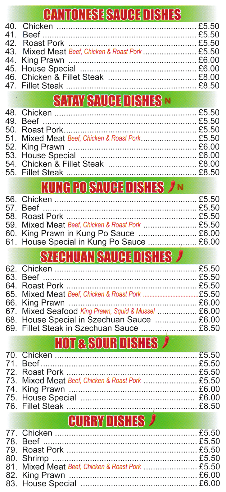 Menu for Lucky Star - Beef in Szechuan Sauce, Shrimp Curry, King Prawn Hot & Sour, Kung Po Chicken, Beef in Satay Sauce, Fillet Steak in Cantonese Sauce..