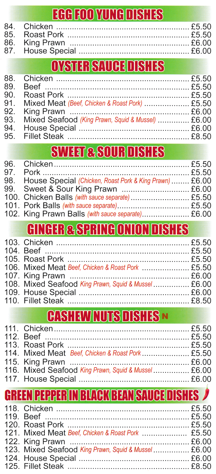 Menu for Lucky Star - House Special Egg Foo Yung, Sweet & Sour Chicken Balls, Mixed Meat in Oyster Sauce, Roast Pork with Cashew Nuts, Chicken with Ginger & Spring Onions..