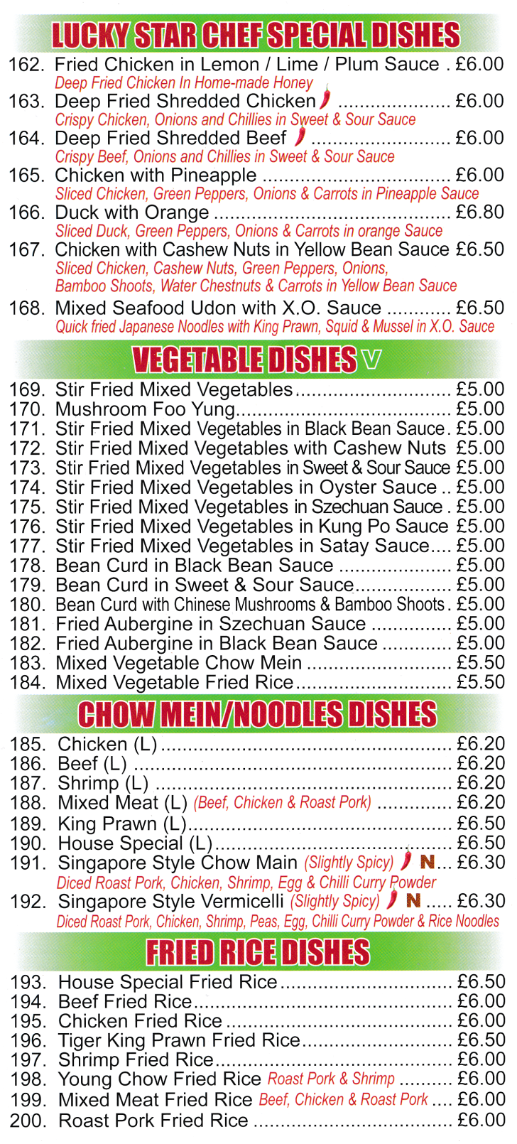 Menu for Lucky Star - Mixed Seafood UYdon with X.O. Sauce, Mushroom Foo Yung, Singapore Style Chow Mein, Deep Fried Shredded Beef, Beef Chow Mein..