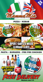Menu for Mamma Mia pizza, pasta, kebab and fast food takeaway on High Street in Stanton Hill near Sutton-In-Ashfield NG17 3GA